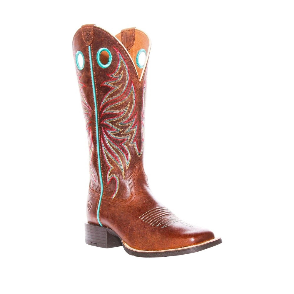 Ariat NWB SZ 7.5 WideC Round UP Ryder Brown Square Toe Embroidered Leather Boots